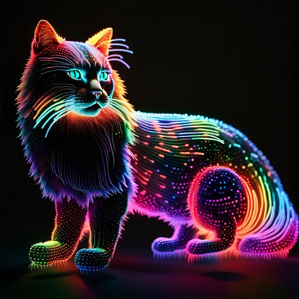 long haired cat sculpted from hundreds of rainbow-colored neon light ...