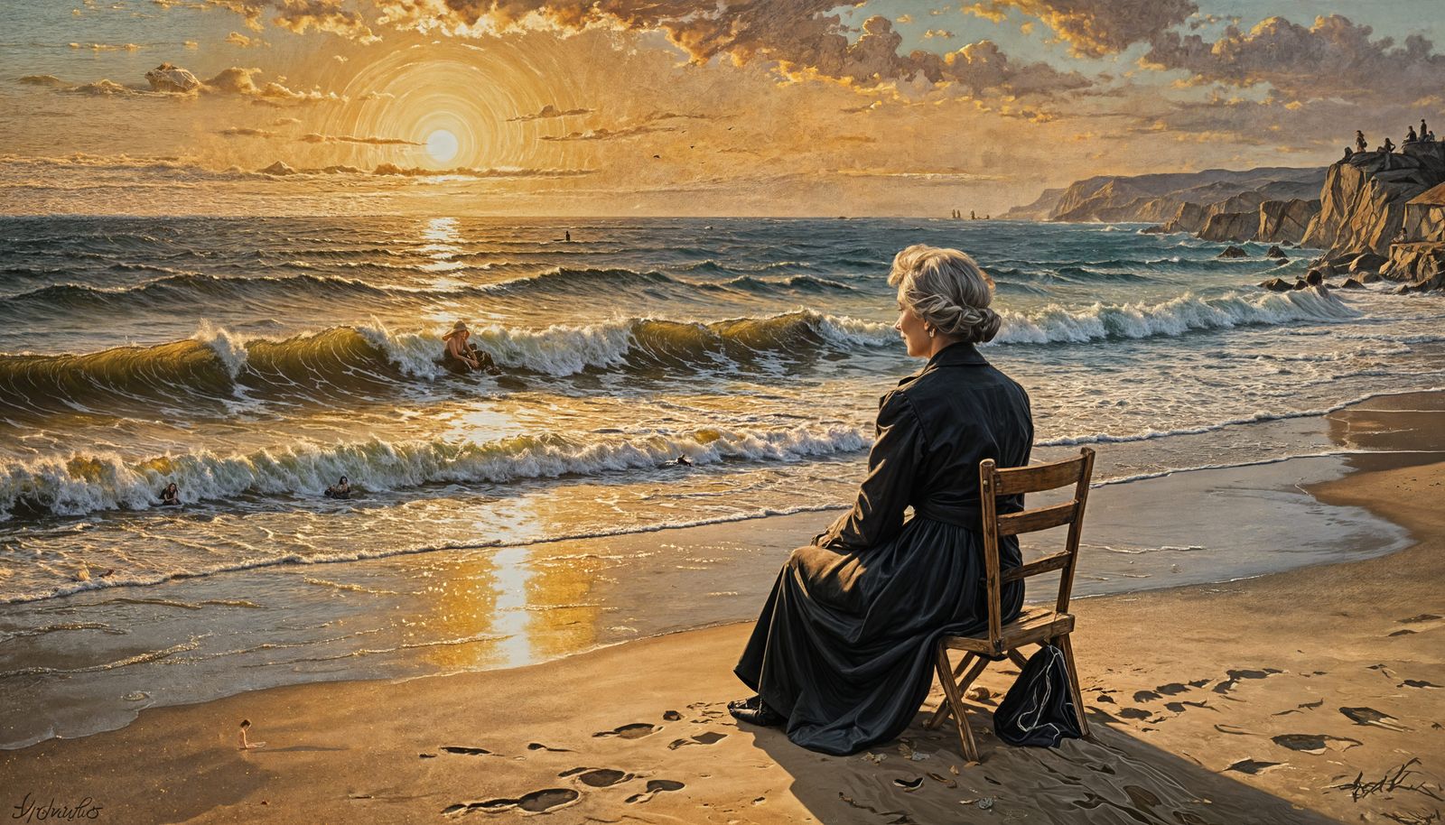 Lonely widow sitting at the beach, waiting for his husband back from the World War II  by @Alan