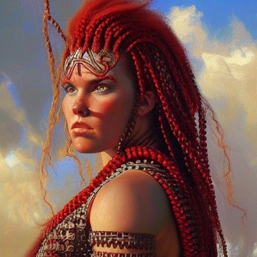 warrior woman with pale skin and thick red hair with lots of...