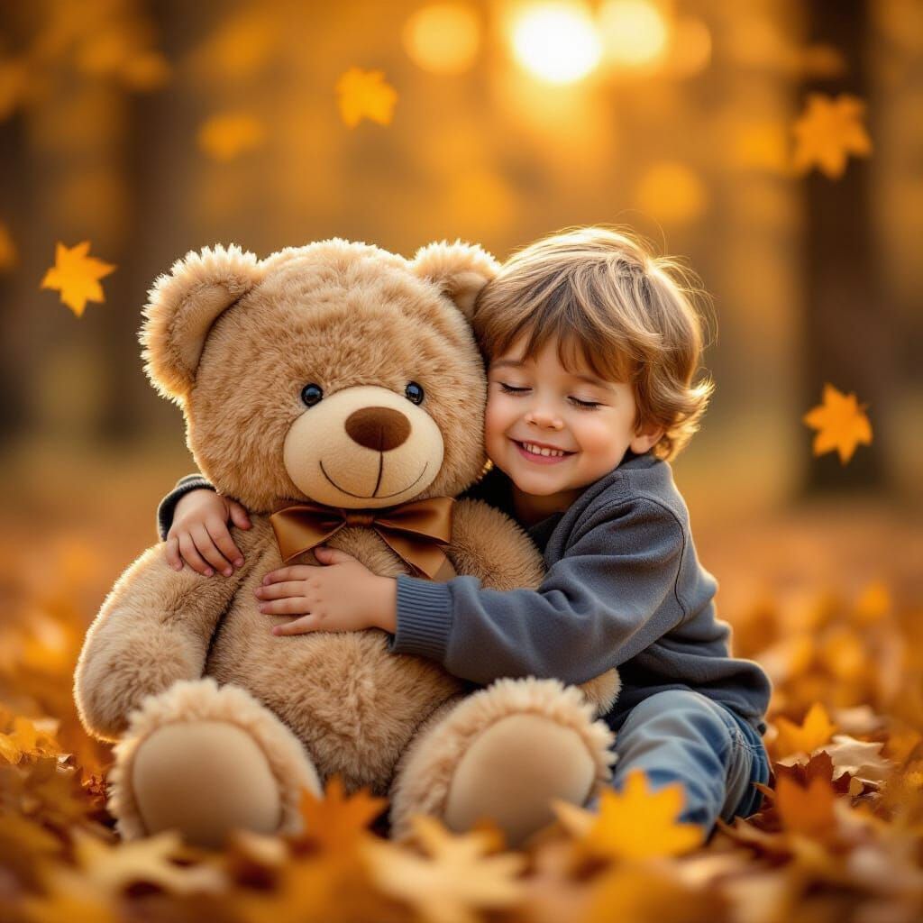 Child Hugs Teddy Bear in Golden Autumn Forest