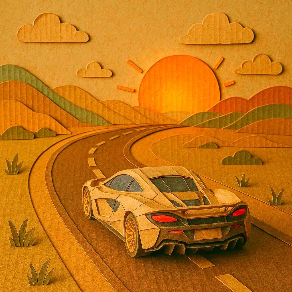 אומנות קרטון- רכב מרוץ בשקיעה