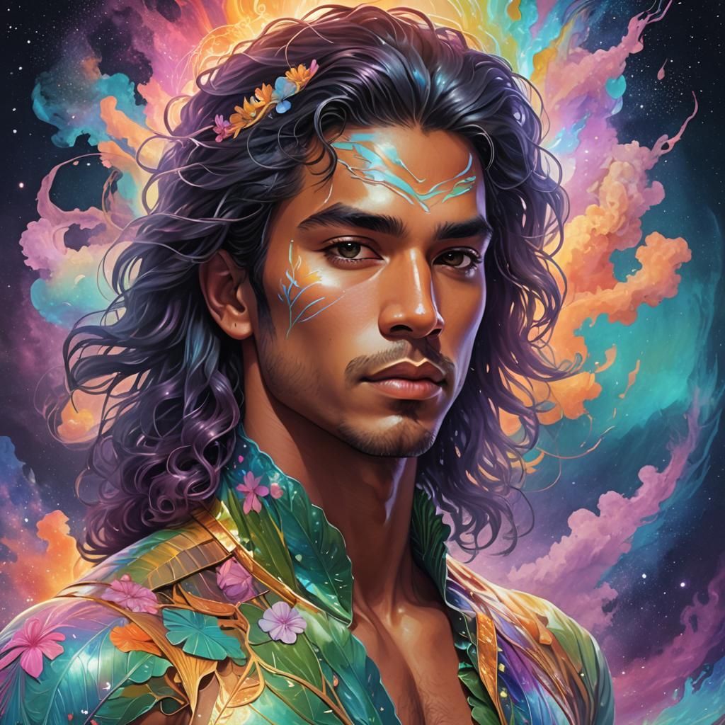 Cosmic Hawaiian Prince Portrait in Pastel Colors