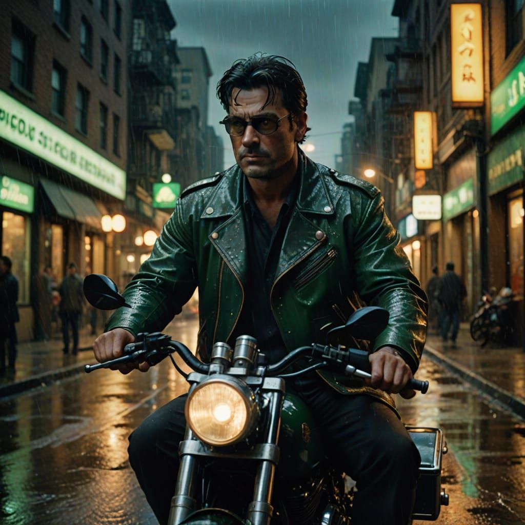 איש כבן 40 שיער כהה ועיניים ירוקות מבטו עז וחזק אחוז בתמונה של קרנף ונוסע על האופנוע 