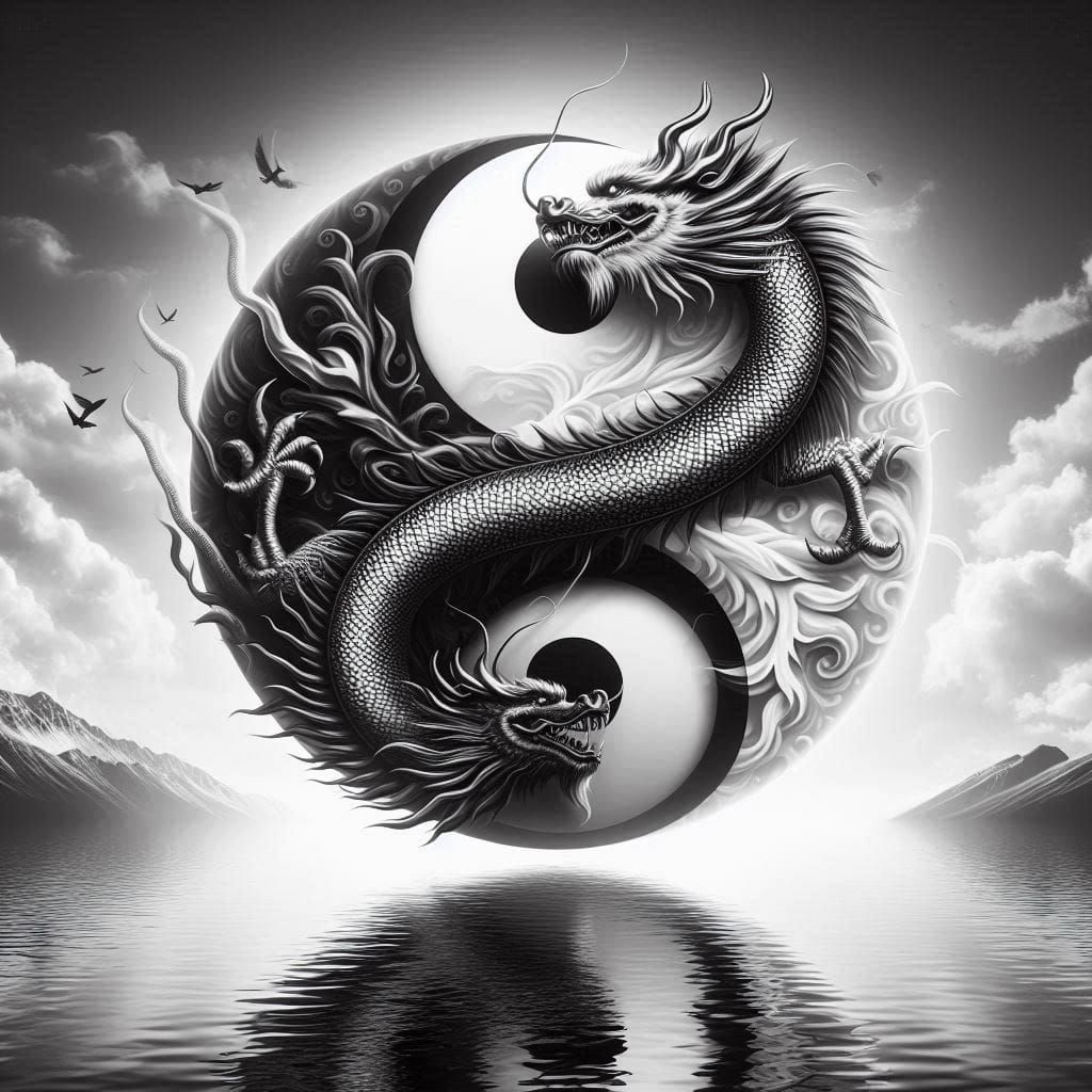 Black and White Dragons Double Exposed with Yin Yang