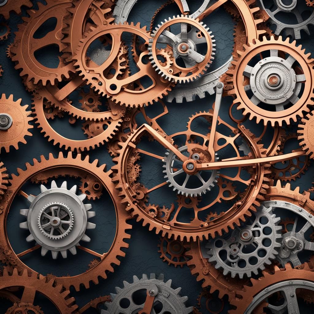 interconnected  silver cogs and gears on copper background