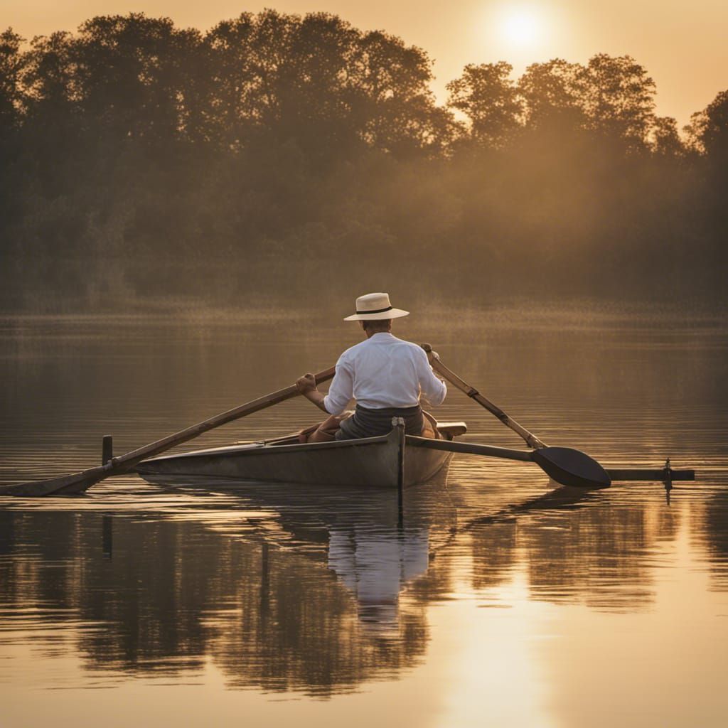 Amidst a serene lake, a lone rower, dressed in a white shirt...