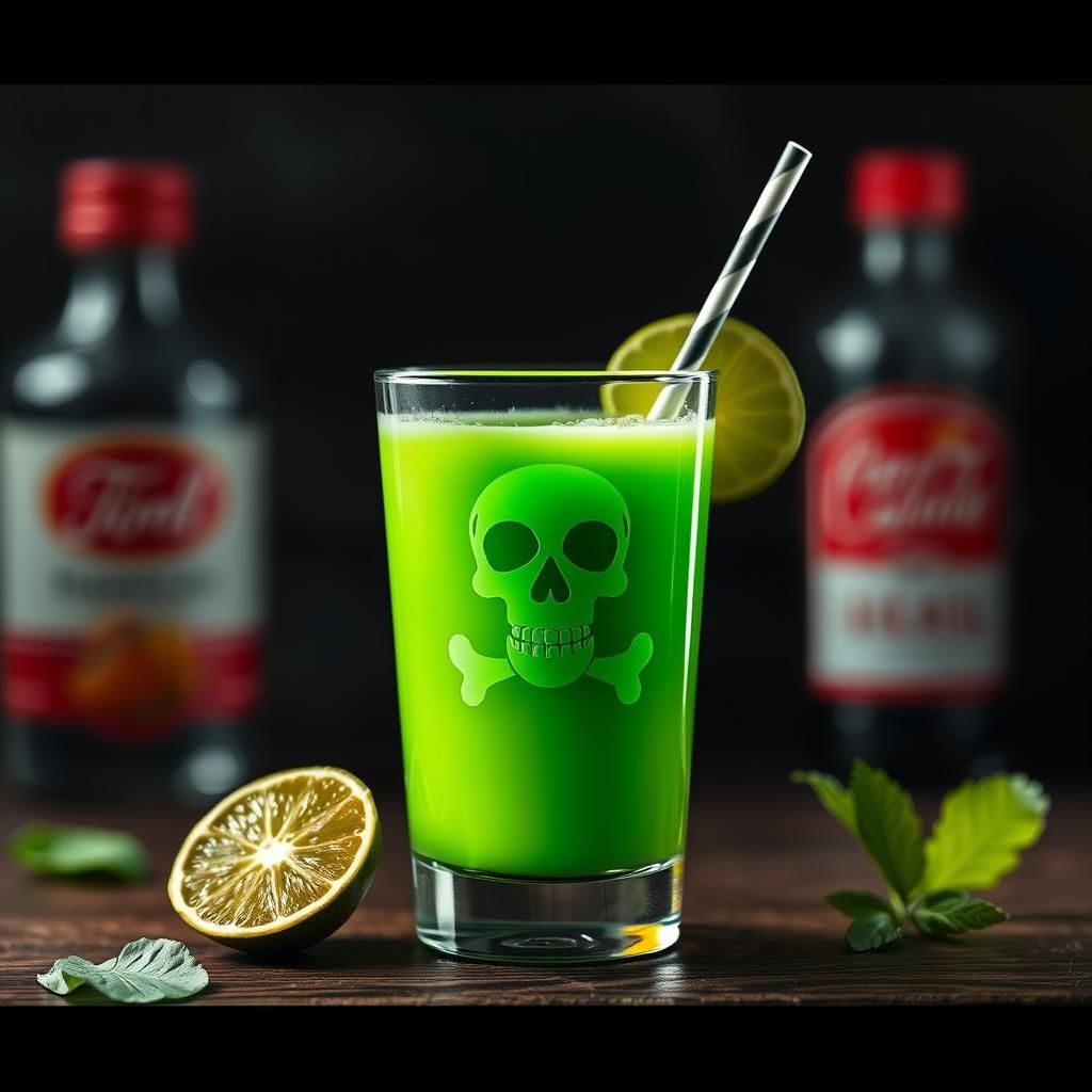juice \glass of bright green liquid with a skull and crossbones AI