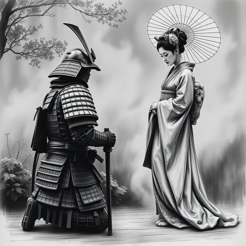Samurai Pays Homage to Geisha in a Japanese Garden