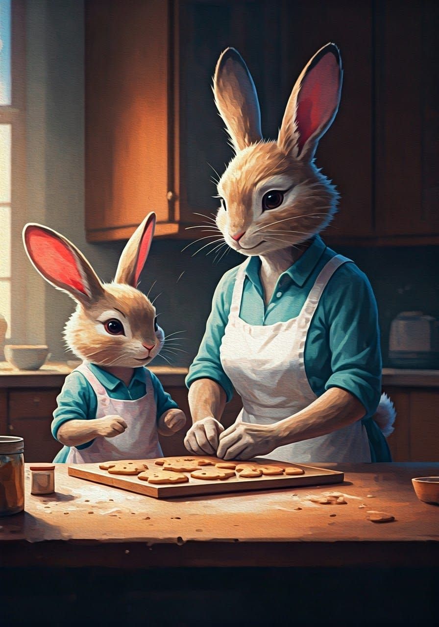 A rabbit and her mother making cookies together in their kitchen.   by @Autumn