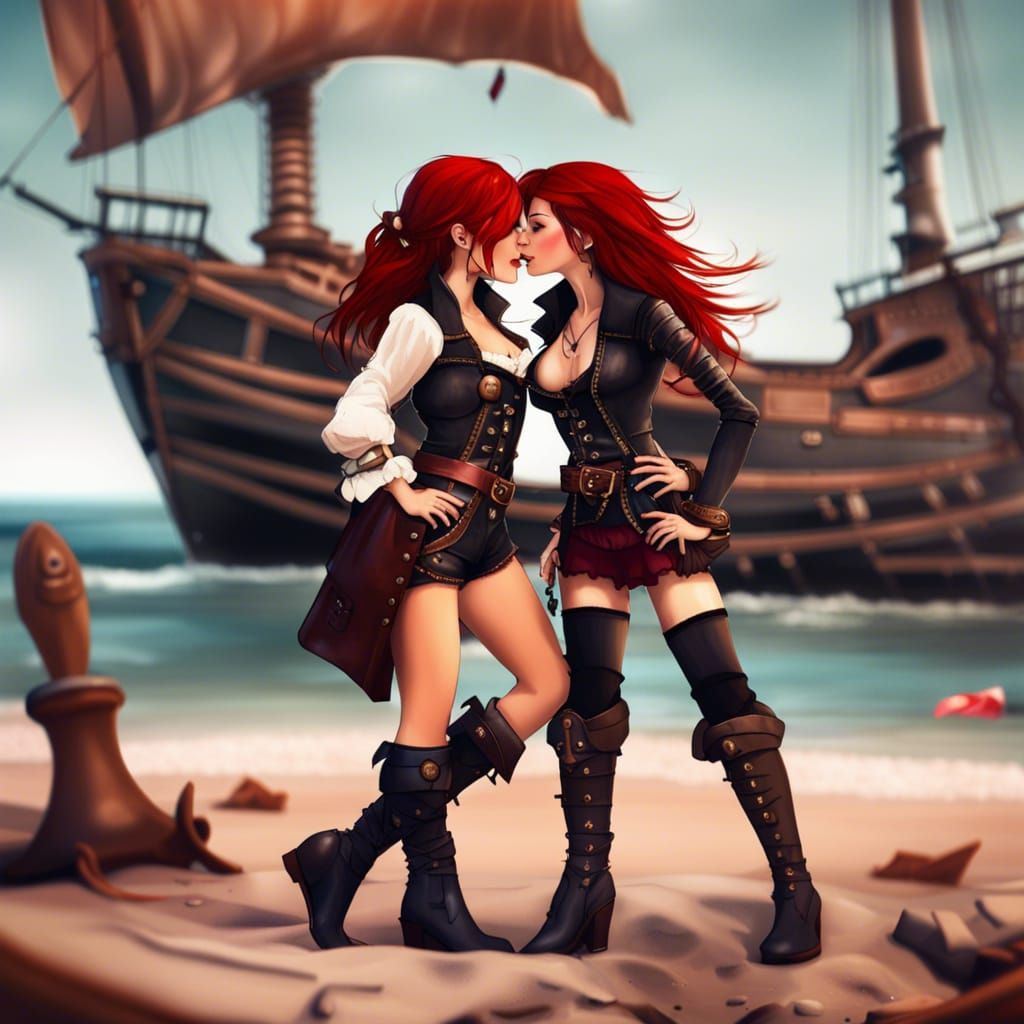 Two cute pirate captain women, one with red hair, small leat...