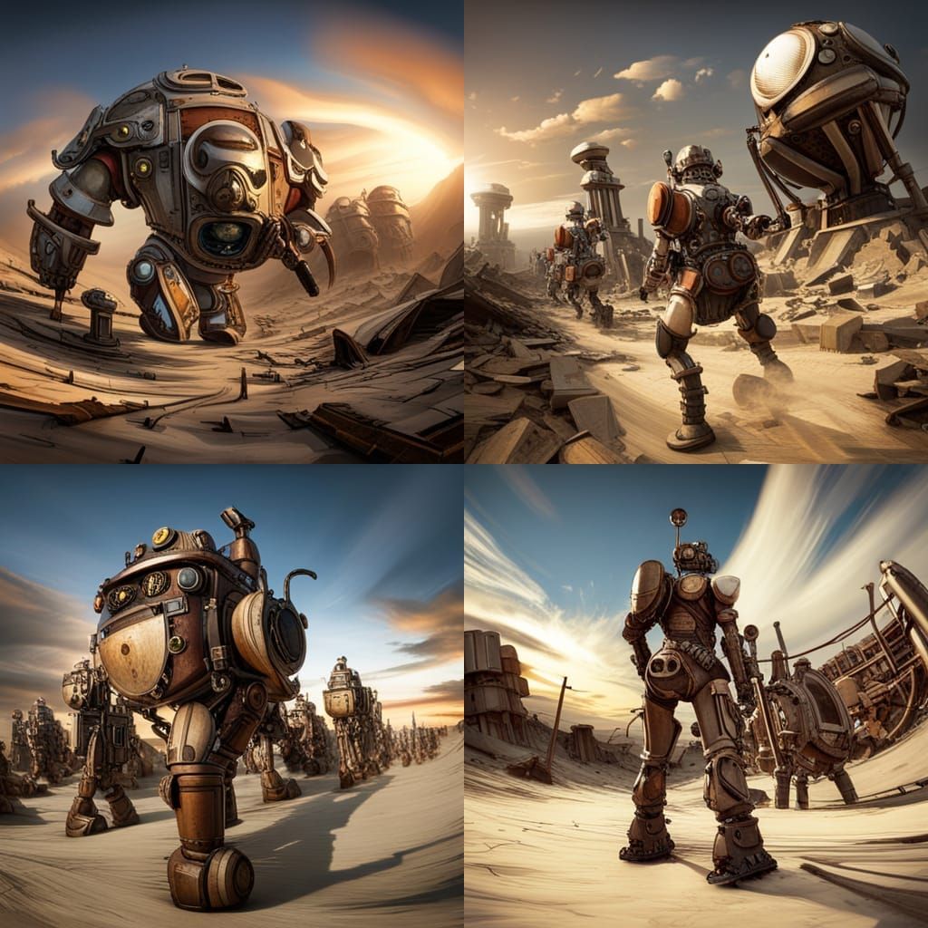 A detailed image of a steampunk robot army marching through a post ...