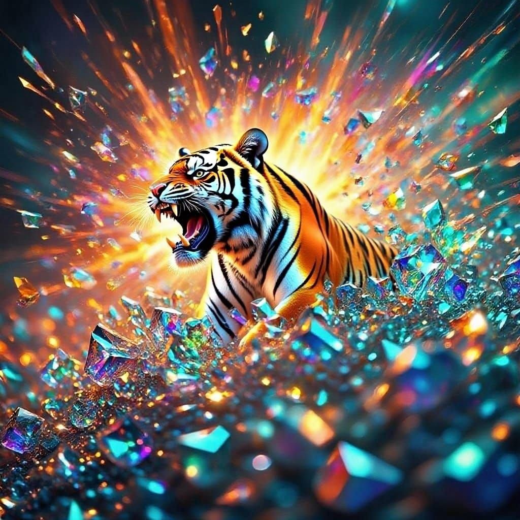 Powerful Lion Roaring Amidst Shattering Rainbow Glass