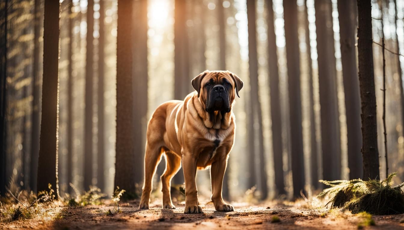 bullmastiff stands in a sunny forest