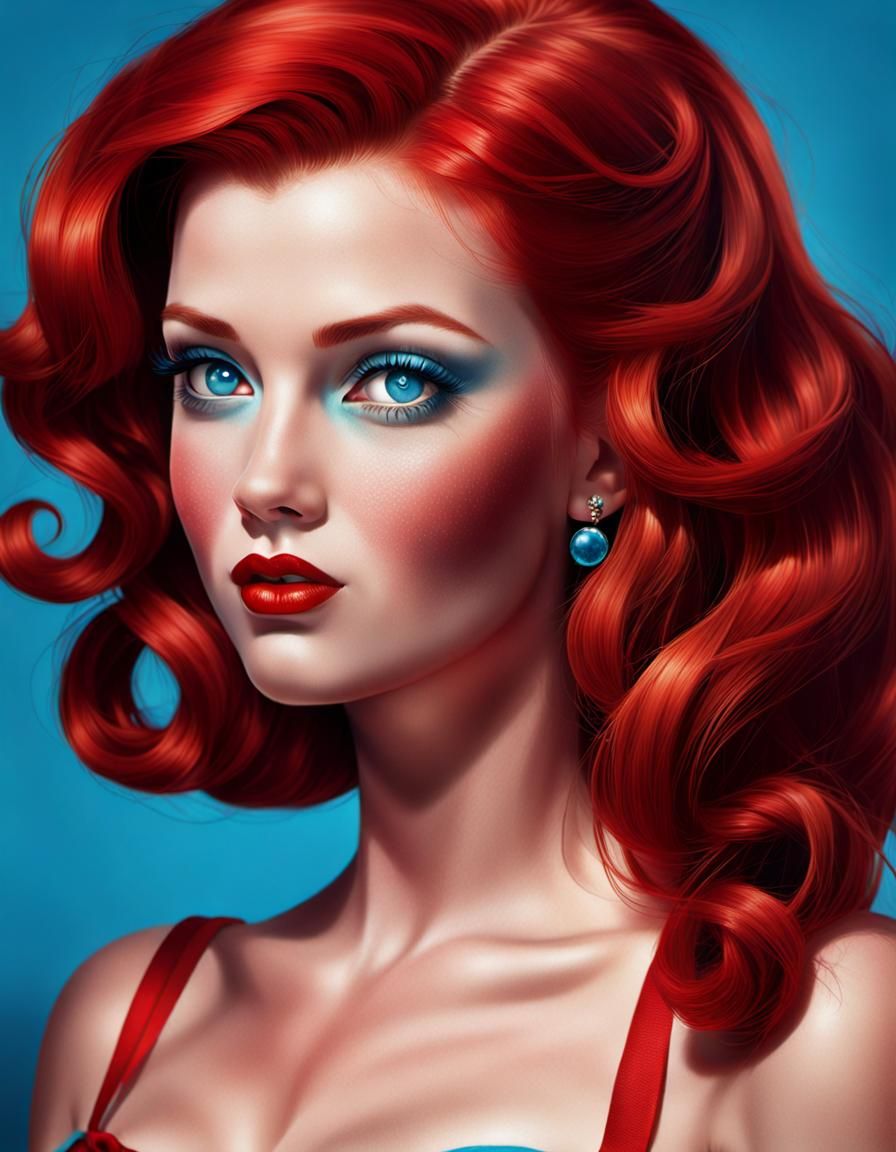 beautiful pin up, red hair, blue eyes,