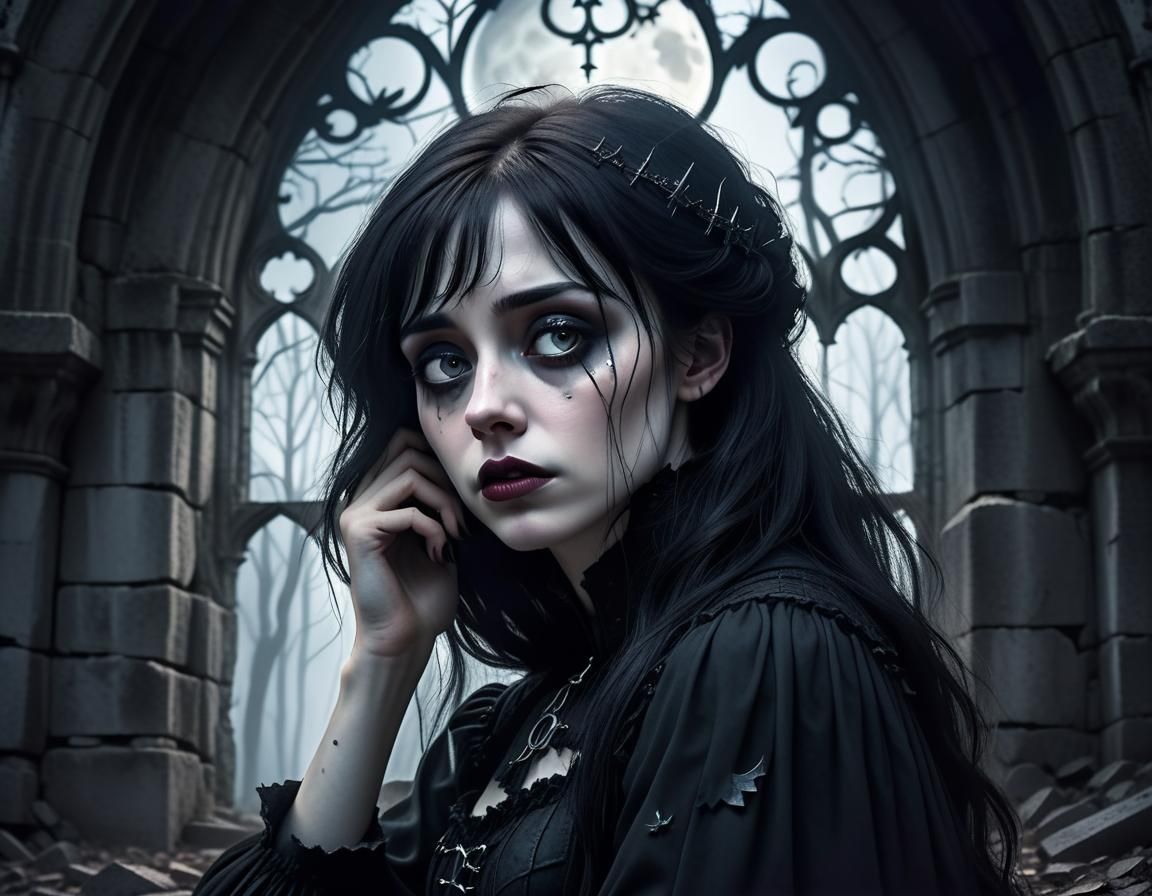 close-up on the face of a beautiful sad young gothic woman sitting on the ground against a wall of the ...  by @MoMoMat