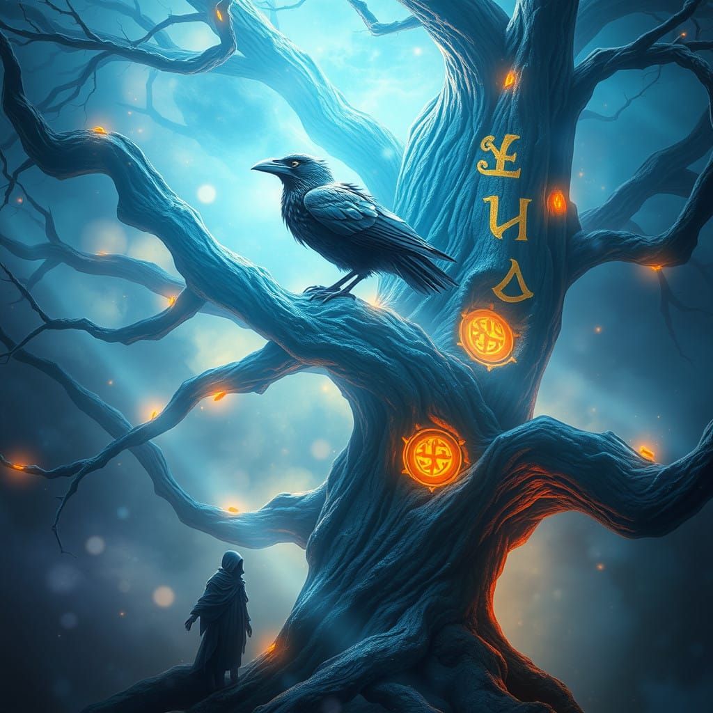 Come Raven, come runes - Mystical Raven Amidst Ethereal Rune...