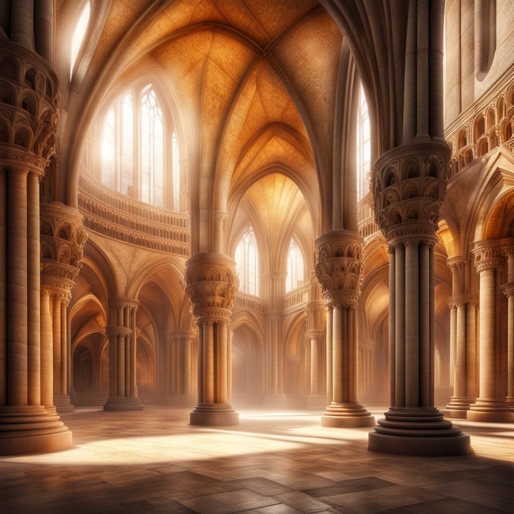 Interior of a Romanesque cathedral ,round headed arches, built of honey