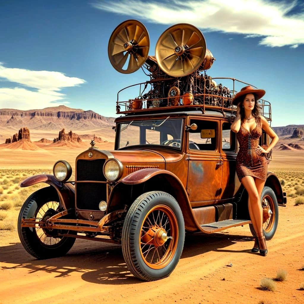 Surreal Antique Automobile with Beautiful Lady, Photorealist...
