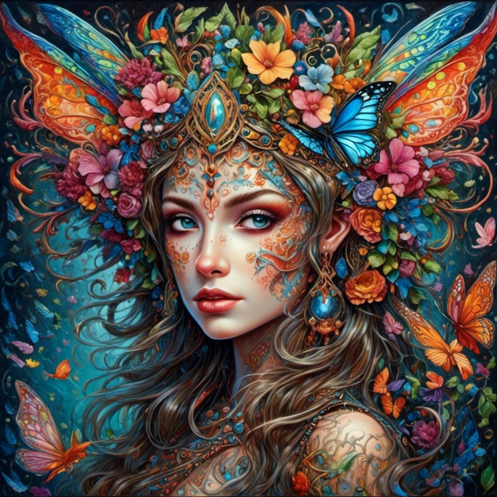 Portrait of a beautiful elven queen <lora:Surreal fantasy:1.0> colorful. Hyperdetailed. Intricate. 3D. Photo_realistic. Maximalist. Fantasy....
