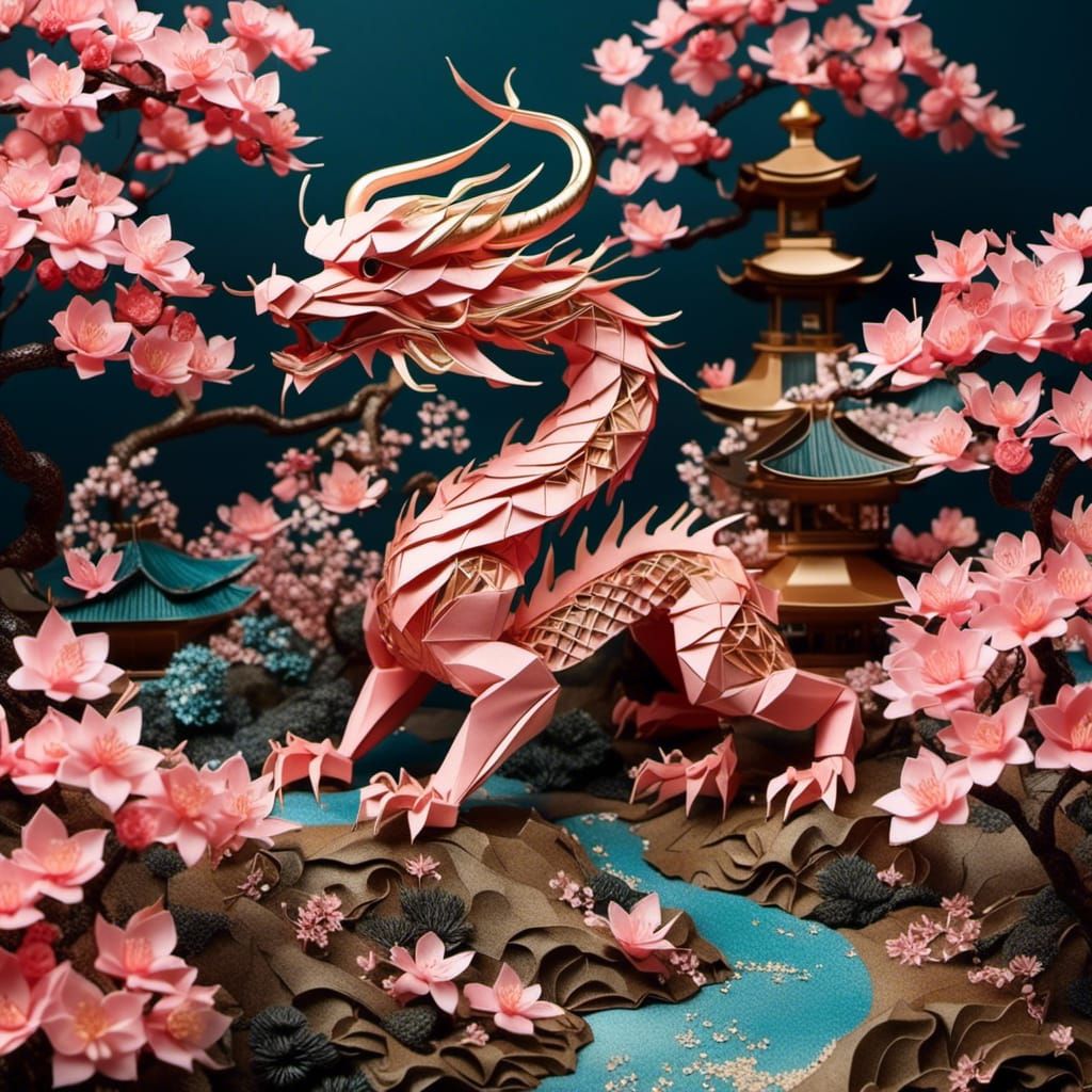 Origami dragon in a Japanese cherry blossom garden