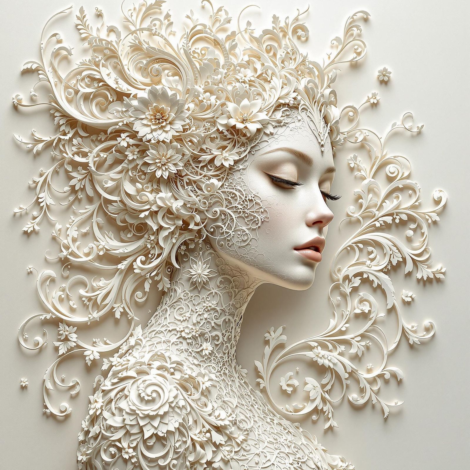 Ethereal Fantasy Maiden in Titanium White Metallic Art Nouve...