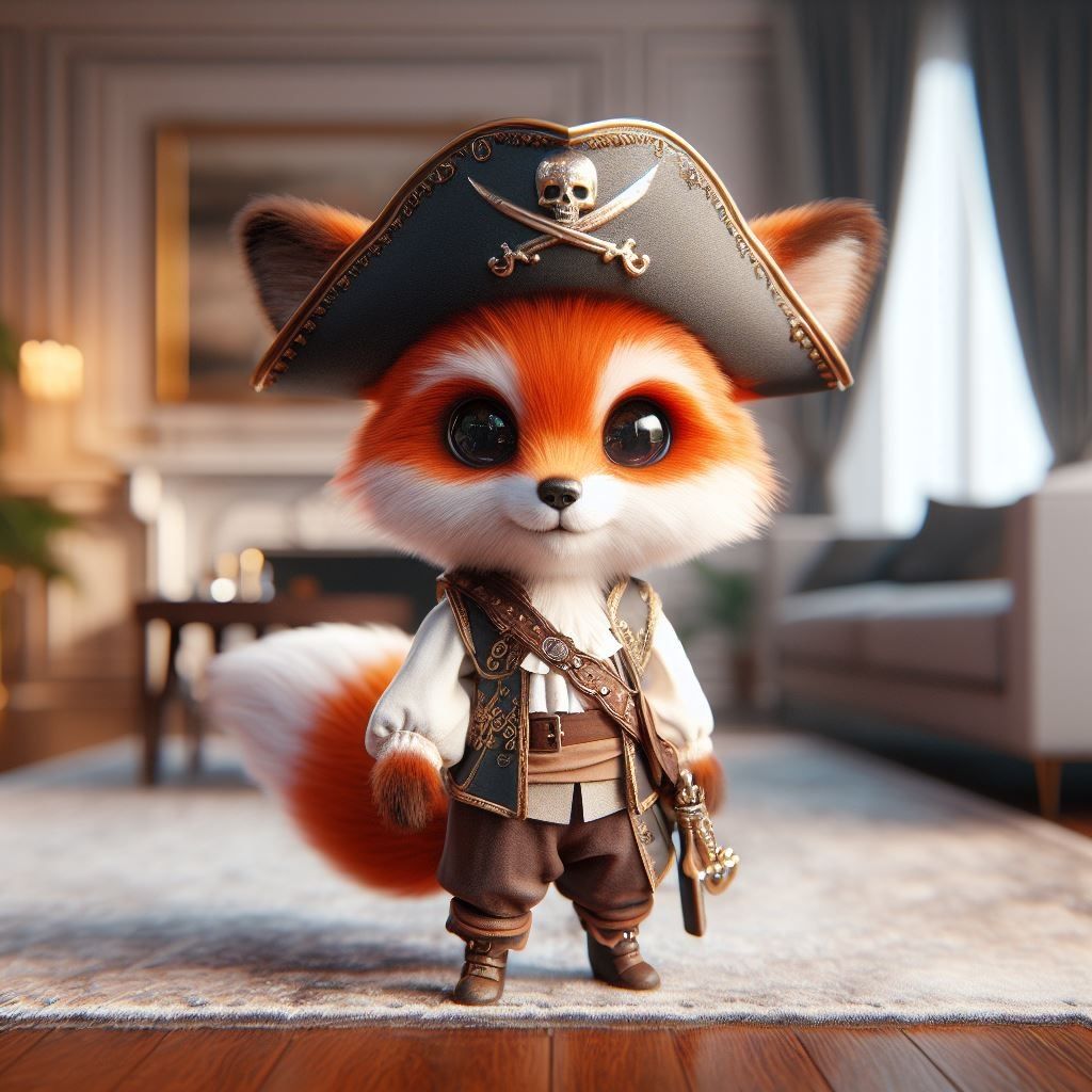 adorable chibi fox dressed up as a pirate, living room, full body