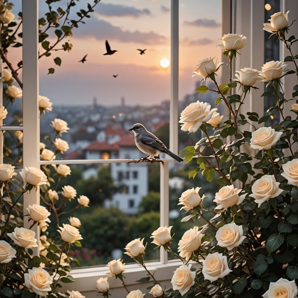 Open windows, white roses,  sunset, bird  by @Mikicher