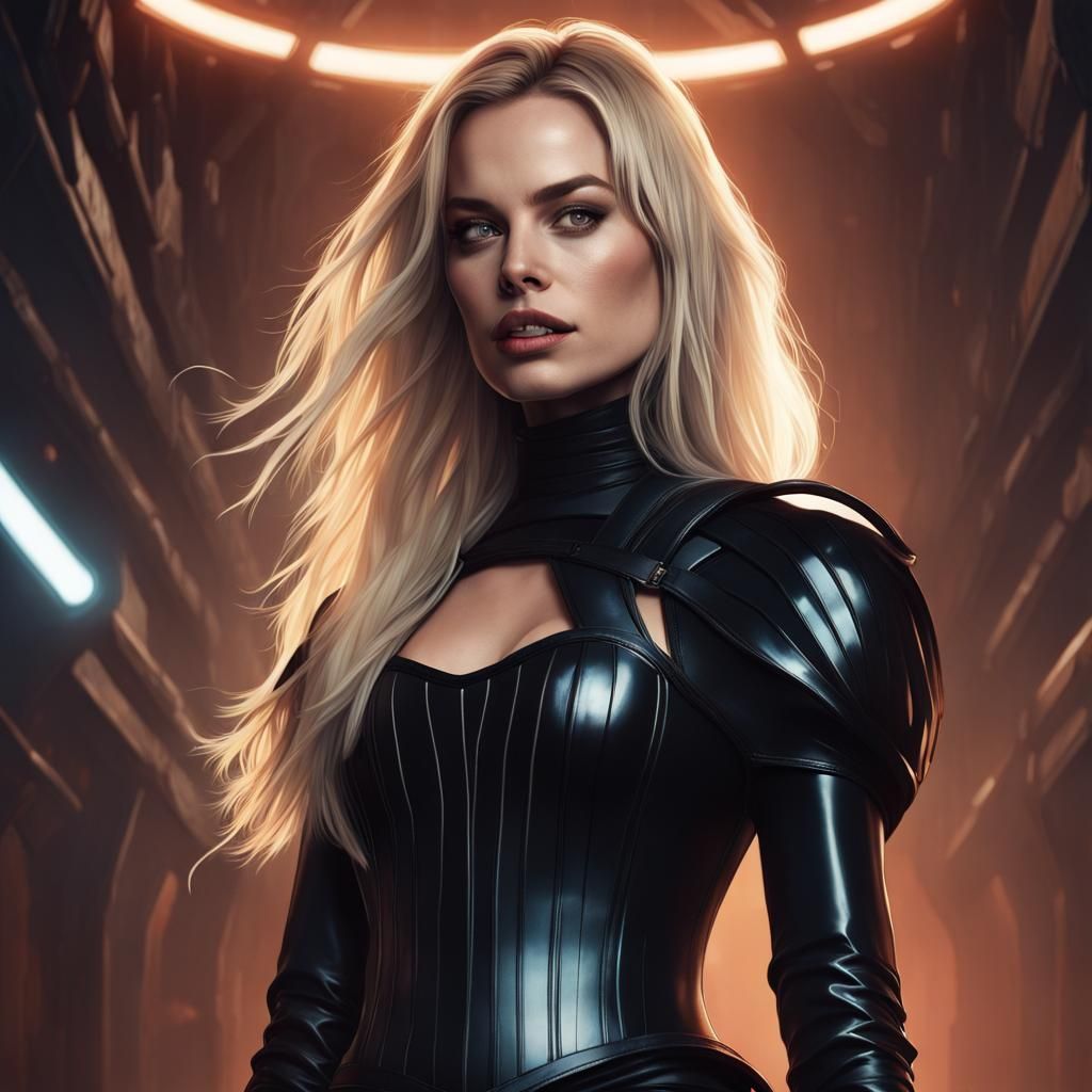 Margot Robbie with long blonde hair, wearing a shiny black sci fi latex ...