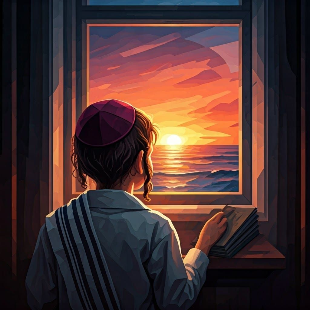 Boy in Burgundy Yarmulke Contemplates Sunset Over Ocean in G...