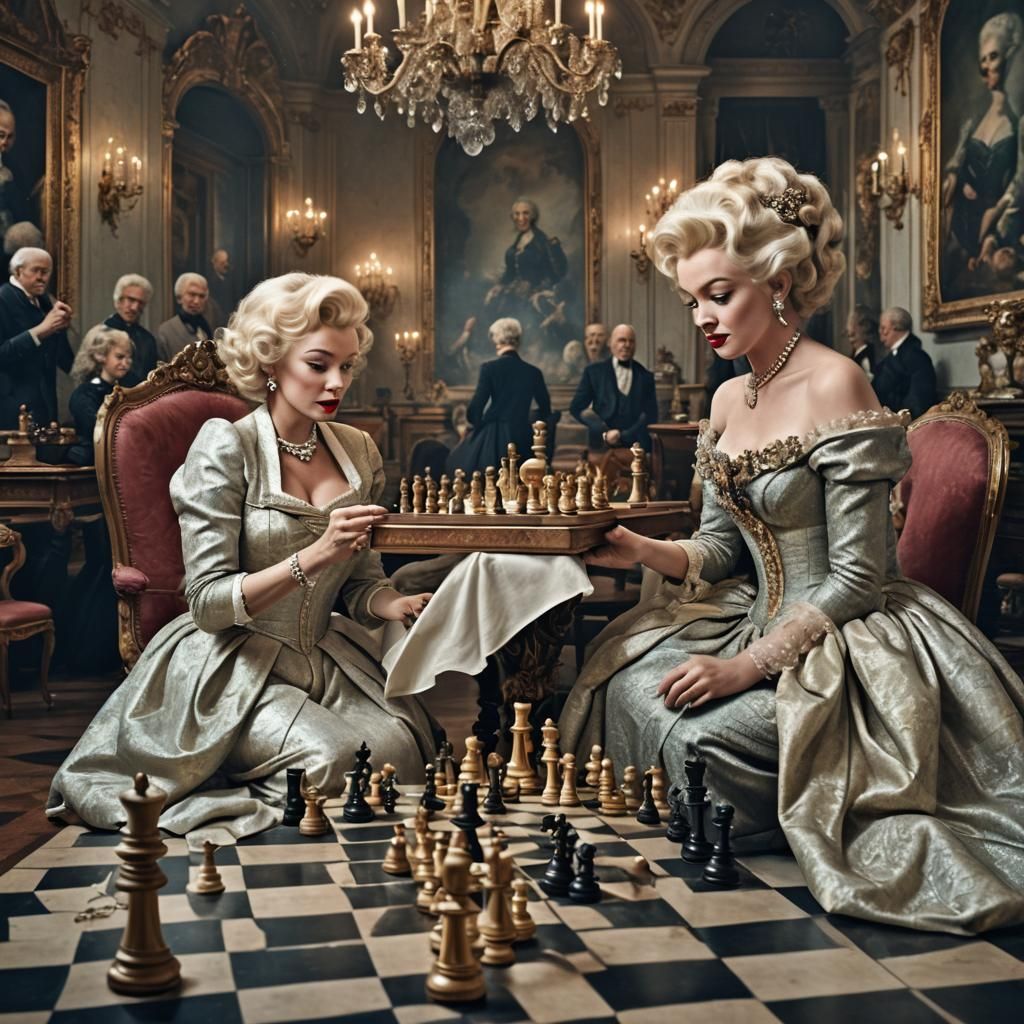 Marilyn Monroe playing a game of chess with Marie Antoinette