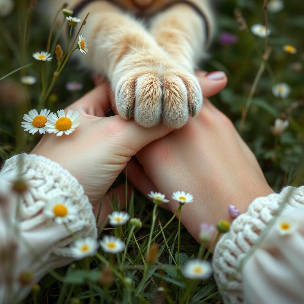 Woman's Hand with Cat Paw in Wildflowers