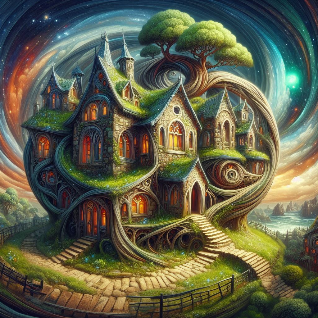 Art Nouveau surreal cubist Victorian bonsai village