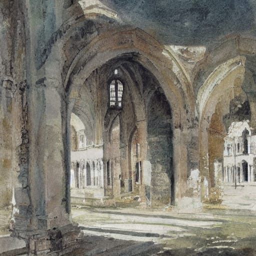 Morning Castle Ruin in Whimsical Watercolor Fantasy