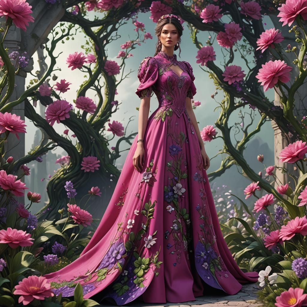 a long hot pink and purple dress with a plain white backgrou...