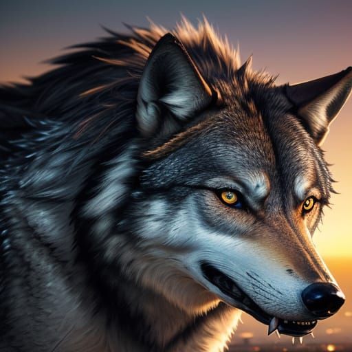 Wolf Devours Fighter Jet in Hyper-Realistic Cyberpunk Art