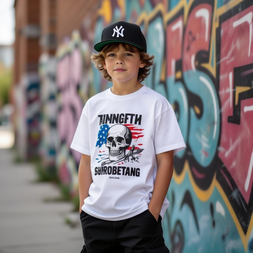 Boy on Skateboard with Graffiti Sneakers and Outfit