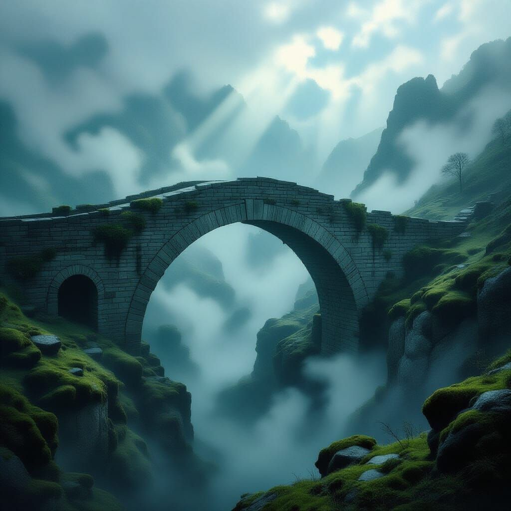 A lone, ancient stone bridge arches over a chasm filled with swirling mist. The bridge is overgrown with moss and vines, hinting at forgotte...