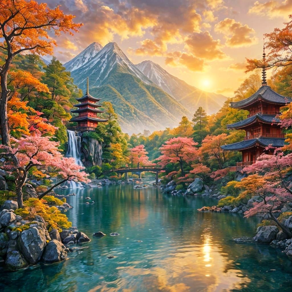 Japanese Mountain Landscape at Sunset with Pagodas