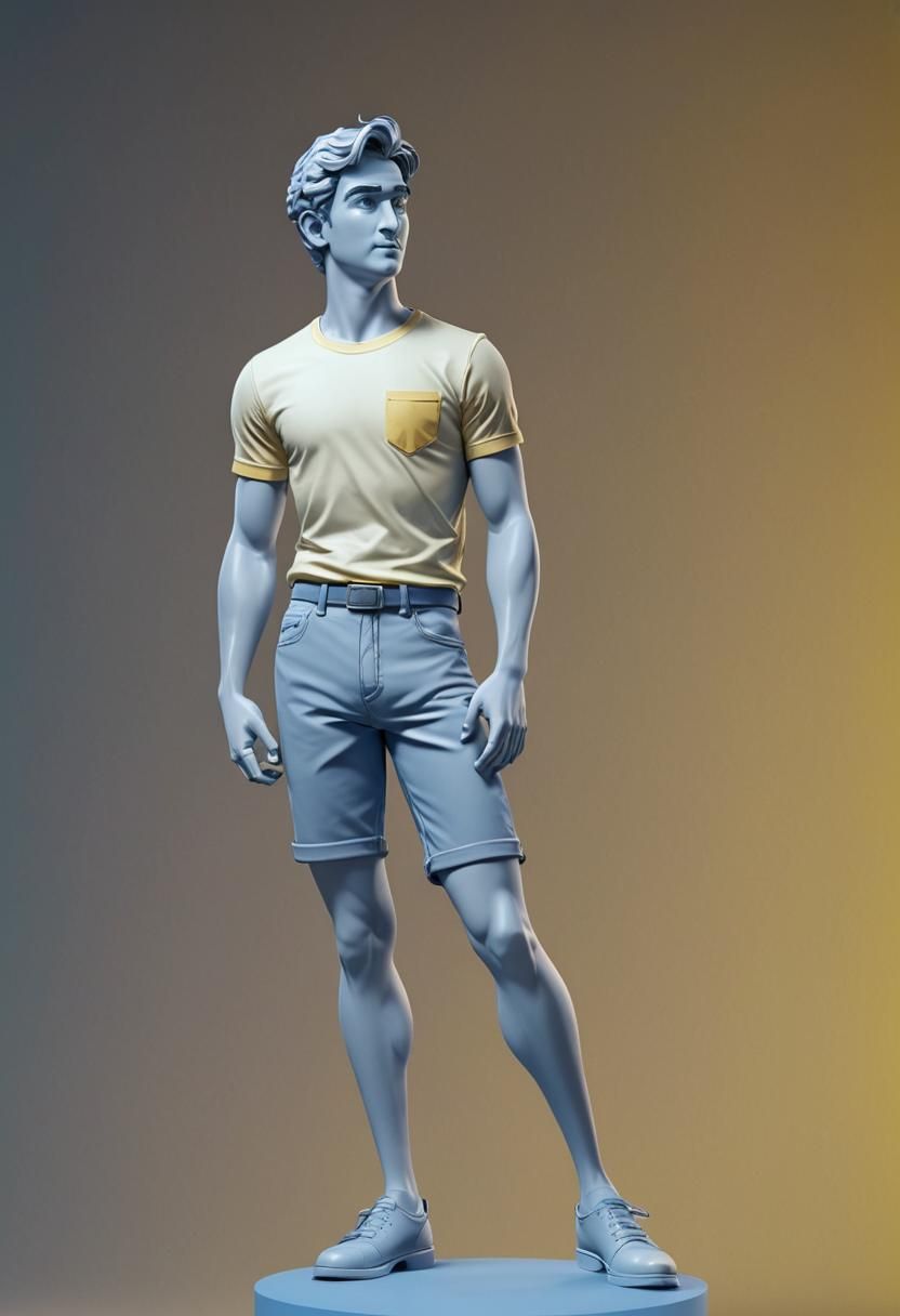 computer generated wireframe david statue, wearing a yellow ...