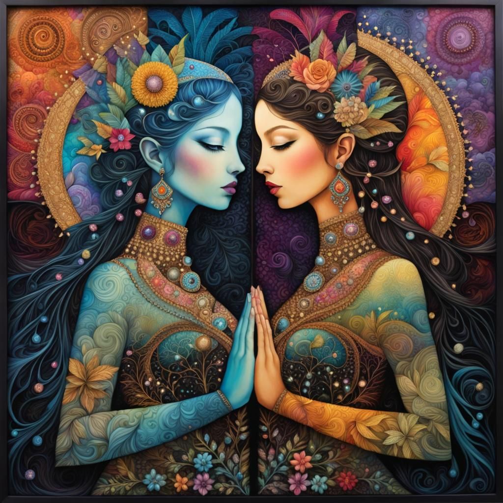 Surreal embellished patchwork mixed media collage, double exposure, symmetrical, filigree, vibrant, zentagle, ...  by @Leeloo