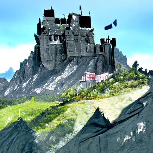 castle on a mountain with banners