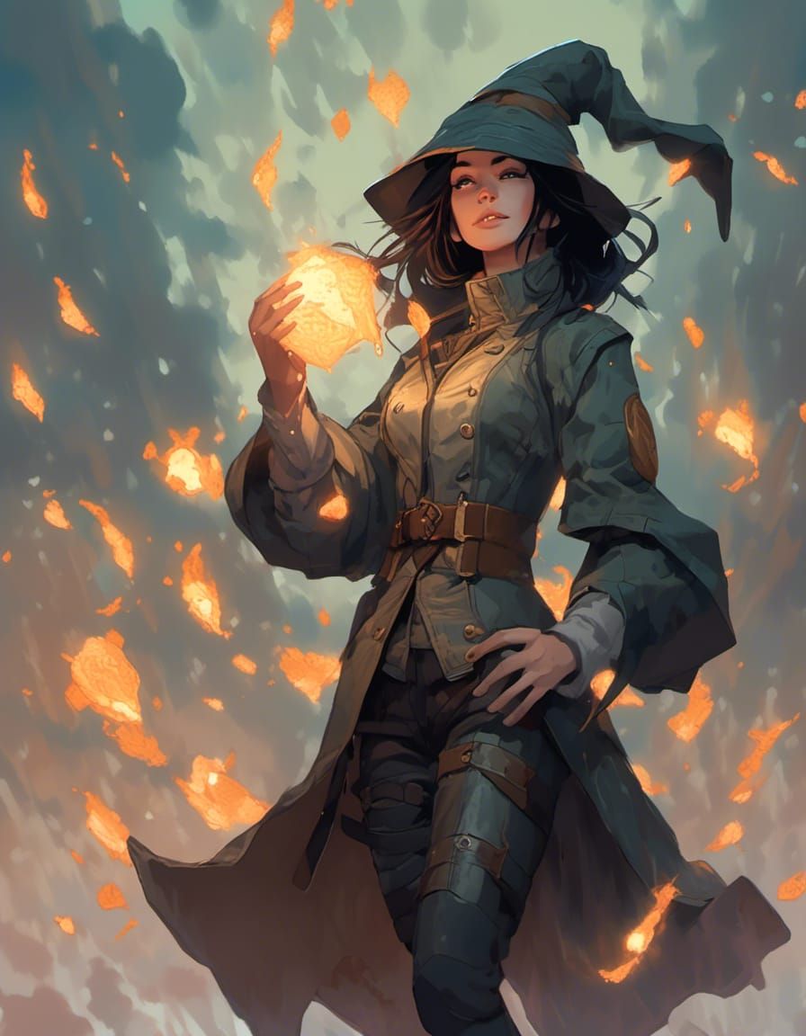<lora:Gaming Artstyle:1.0> https://s.mj.run/xDYyaHayN5k , Artwork for Pathfinder, a Powerful Witch, flying in the sky, Rain of Fire, expres...