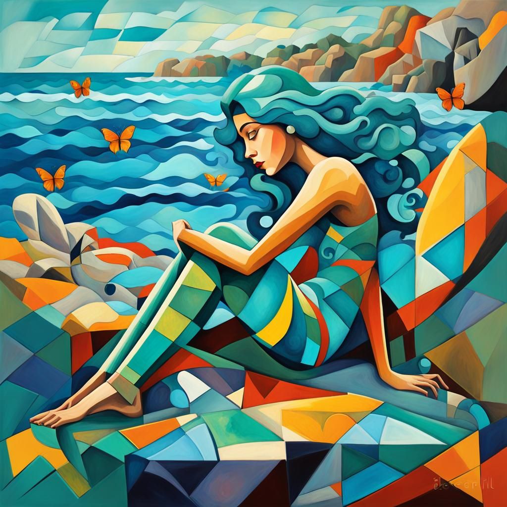 A nice young mermaid, soft curvy body, long curly turquois h...