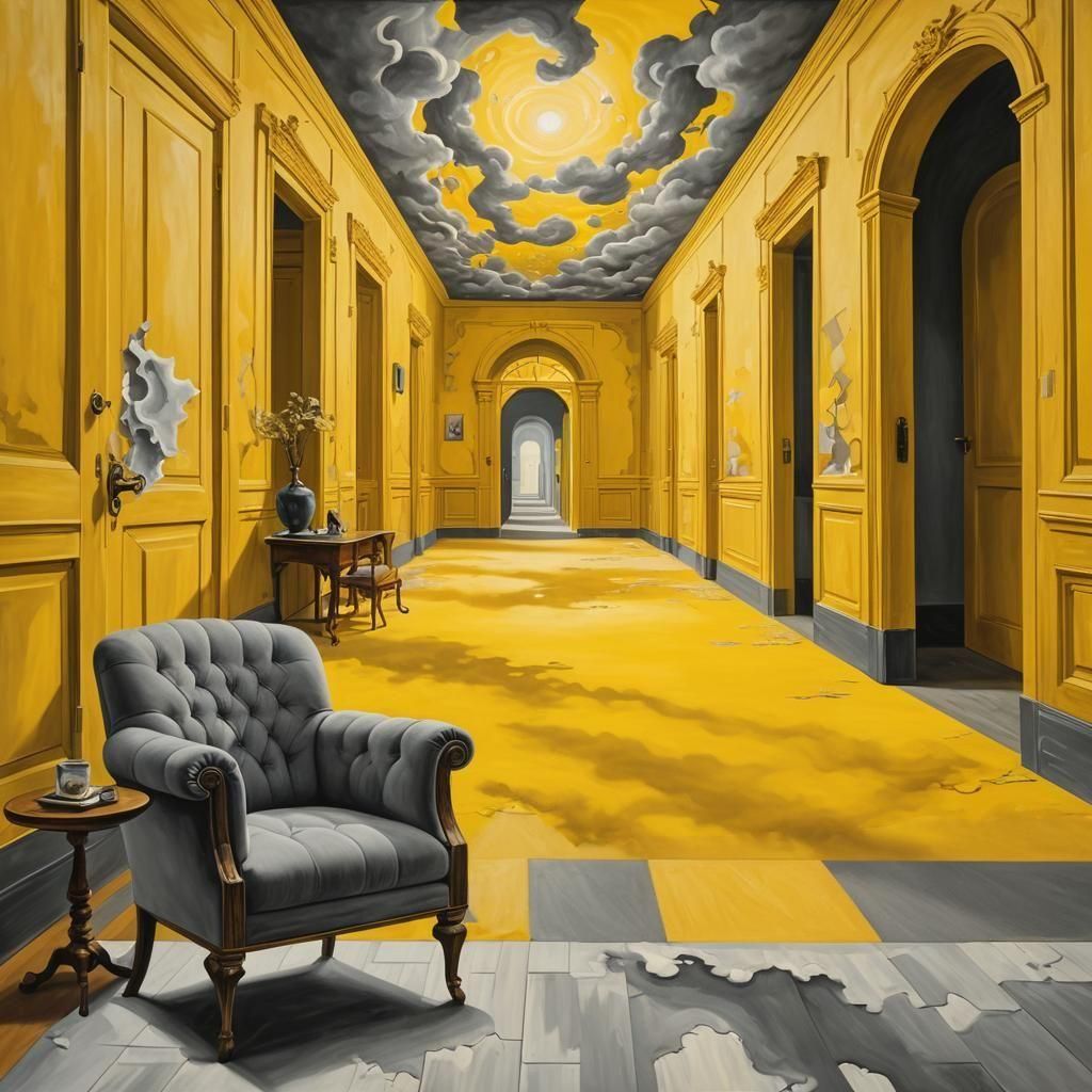 Yellow corridor, gray armchair in the foreground, the room moves into eternity, many doors on both sides of the room, a bright window at the...