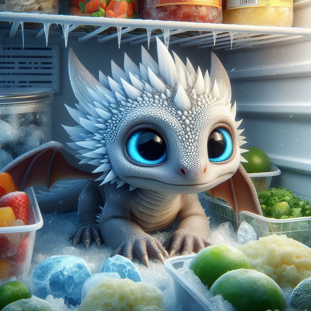 Baby Ice Dragon hiding in freezer