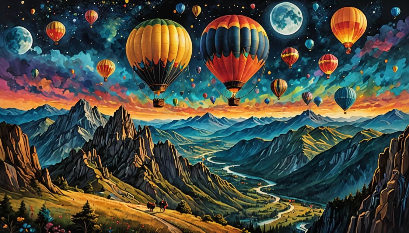 Colorful Hot Air Balloon flying over beautiful mountain scen...