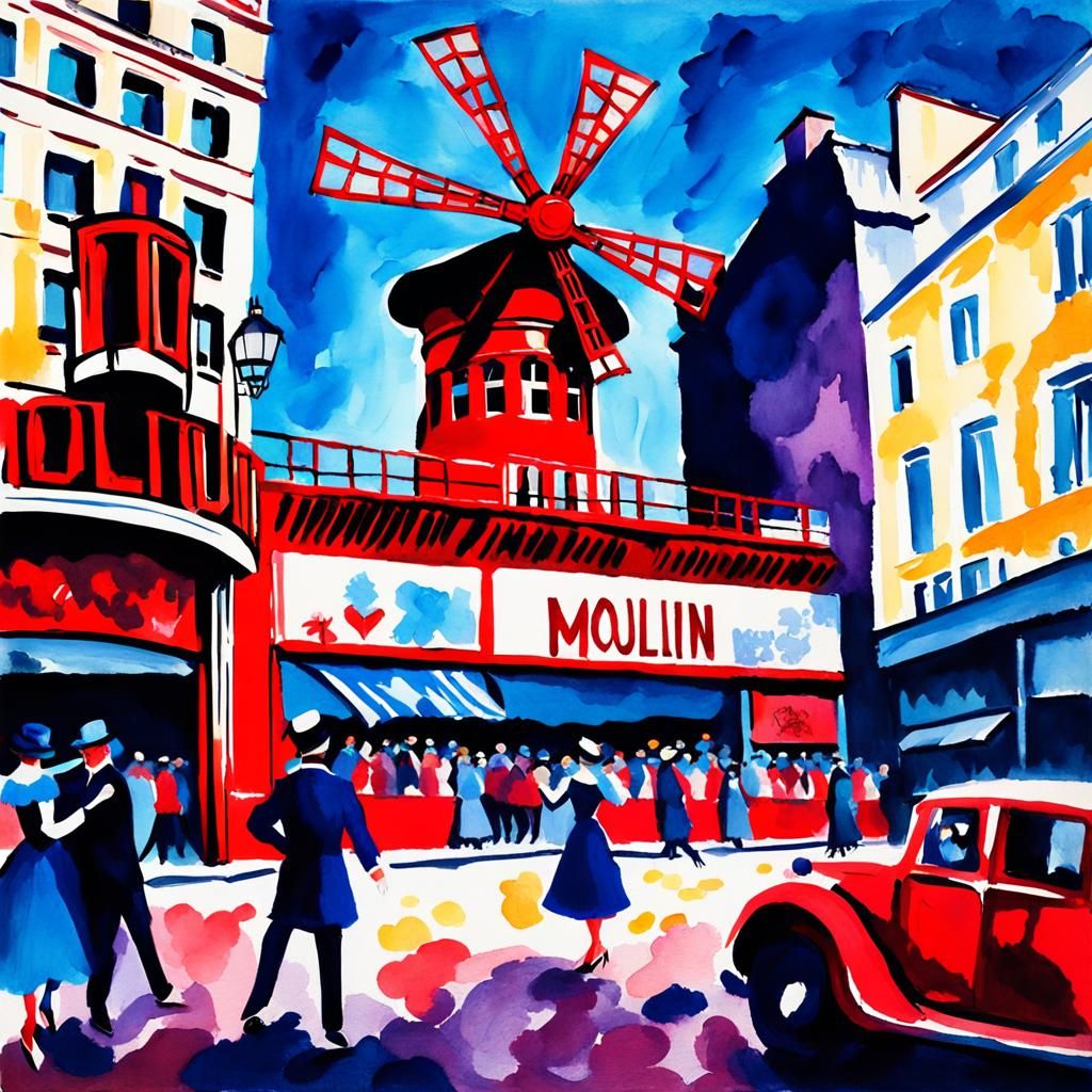 Can- can dance , moulin rouge blue red in Gouache Style, Wat...
