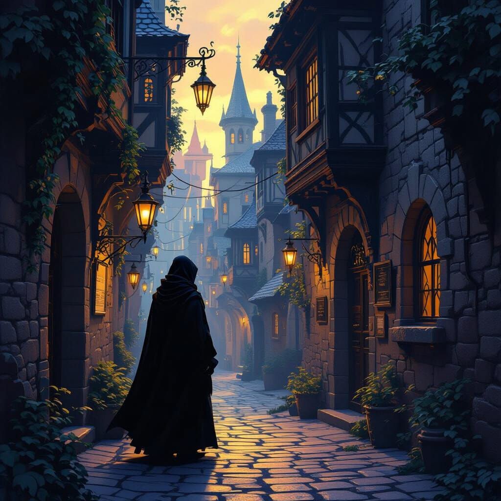 Mysterious Figure in Quaint Alley in Matte Painting Style