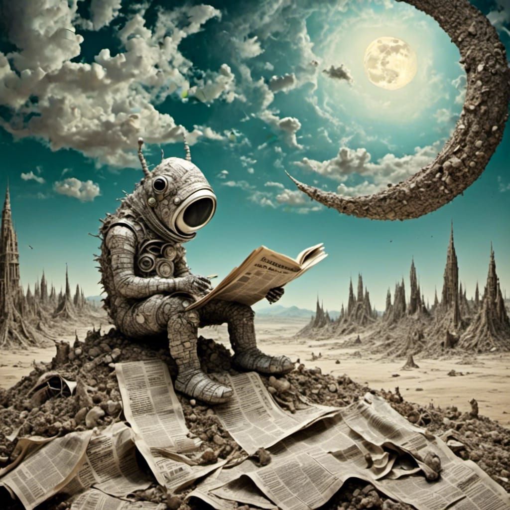 Surreal Moonscape: Little Monster Reads the News