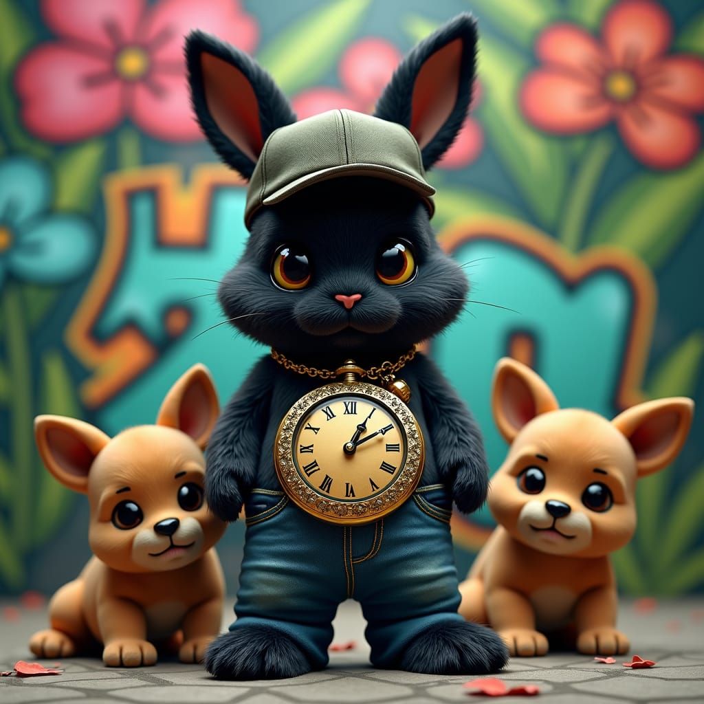 Hyperrealistic, sweet, lovable, black fluffy bunny with a huge clock